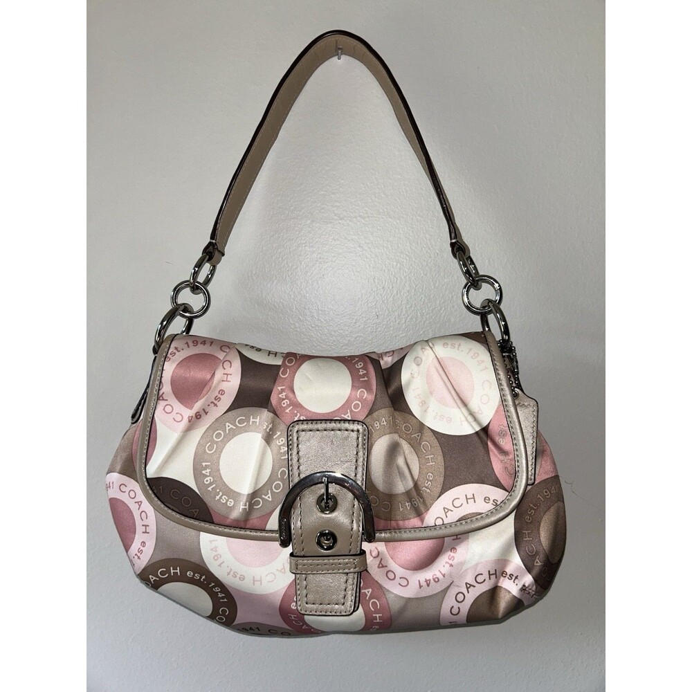 Coach Soho Snaphead Flap Shoulder Bag F18420 Pink Brown Logo Print Y2K Purse